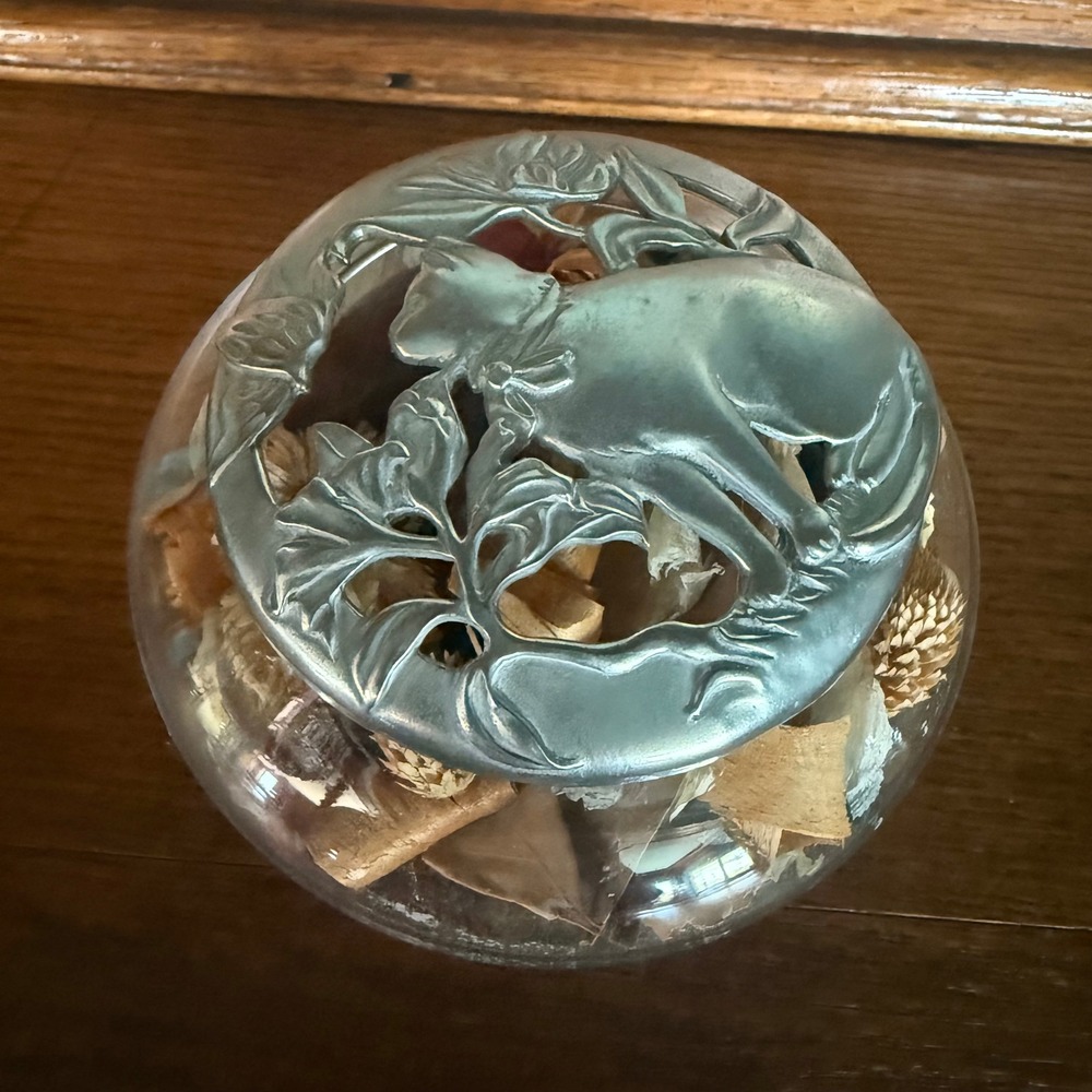 Seagull Pewter Potpourri Jar Cat Floral Lid Vintage 1988 Silver Clear Excellent - Picture 7 of 9